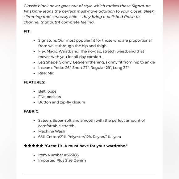 Lane Bryant Signature Fit Sateen Skinny Jean, Black Denim - Picture 10 of 10